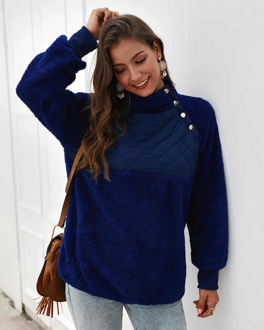 Толстая Теплая Толстовка Женская водолазка Лоскутная с длинным рукавом