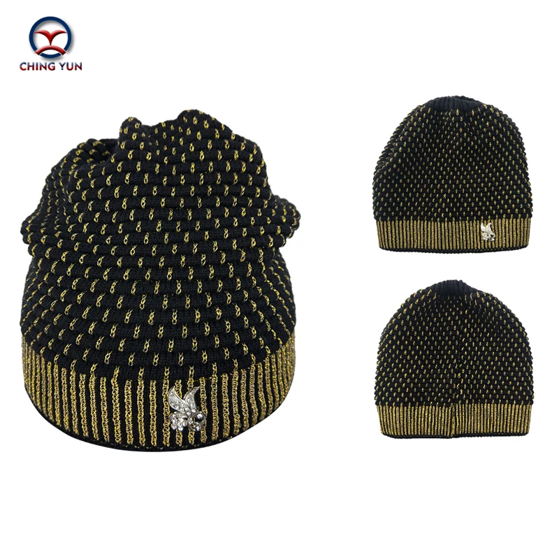 Новинка зимние женские вязаные шапки CHING YUN теплые однотонные плотные со стразами