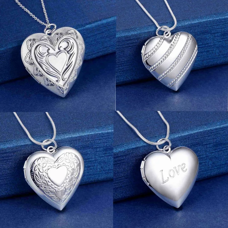 

925 wholesale Fine Silver color Photo Frame Pendant Necklace Snake Chain For Woman Charm Wedding Fashion Jewelry JSLN067