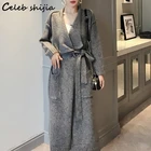 Женский утепленный вязаный кардиган SHIJIA, длинный свитер с отложным воротником и открытым стежком, корейская мода, серое вязаное пальто для осени и зимы