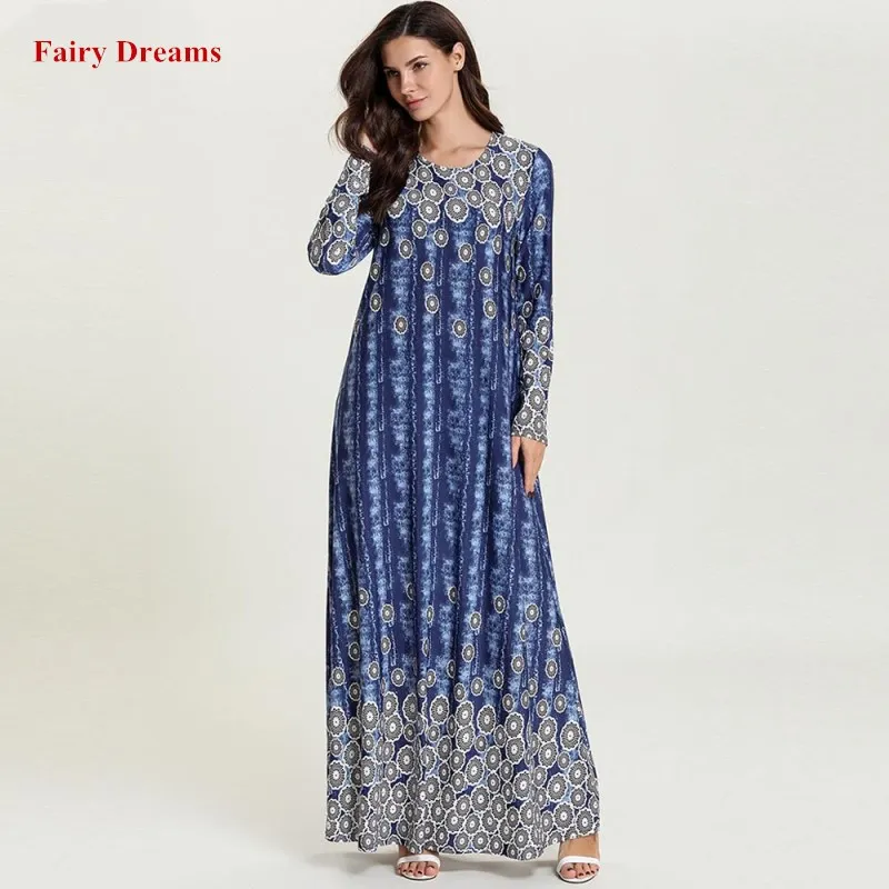 Мусульманская женская одежда больших размеров 4XL с длинным рукавом синим принтом