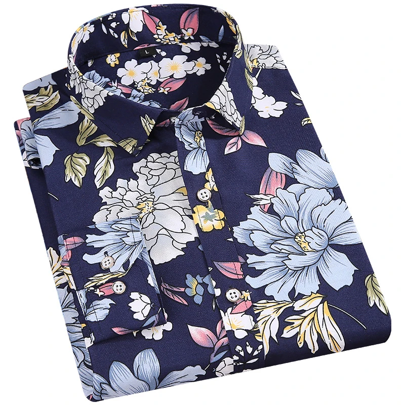 Fashion Men Floral Print Shirts Long Sleeve Casual Flower Soft Fit Daily Holiday Hawaian Beach Dress Button Homme Youth Clothing