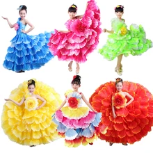 6colors Jewish Gypsy Style Children Girls Spanish Flamenco Dress Ruffle Floral Vintage Elegent Wedding Party Wear Dance Dress