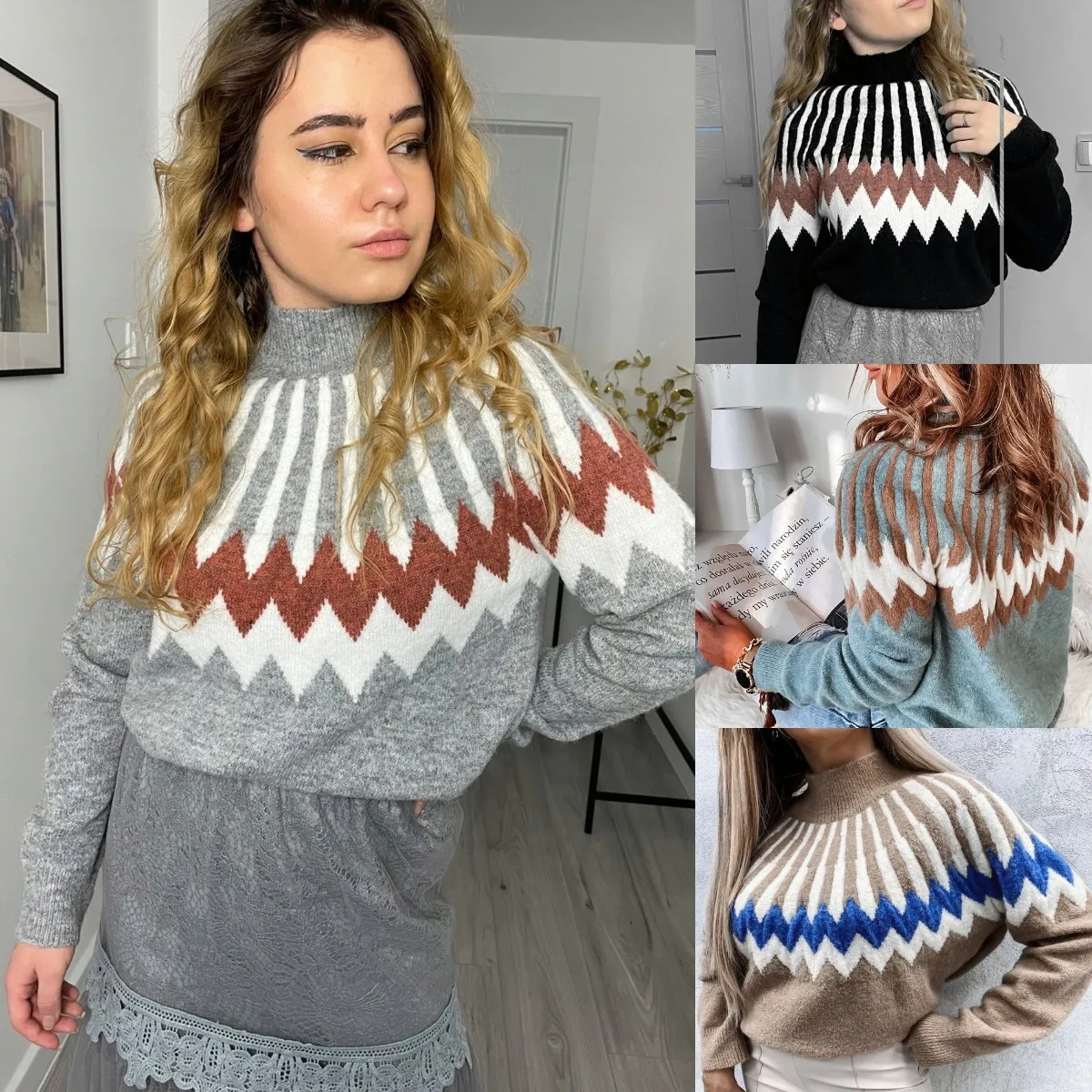 

2021 Europe and the United States new trend sweater new national wind sweater lozenge pullover leisure loose sweater women half