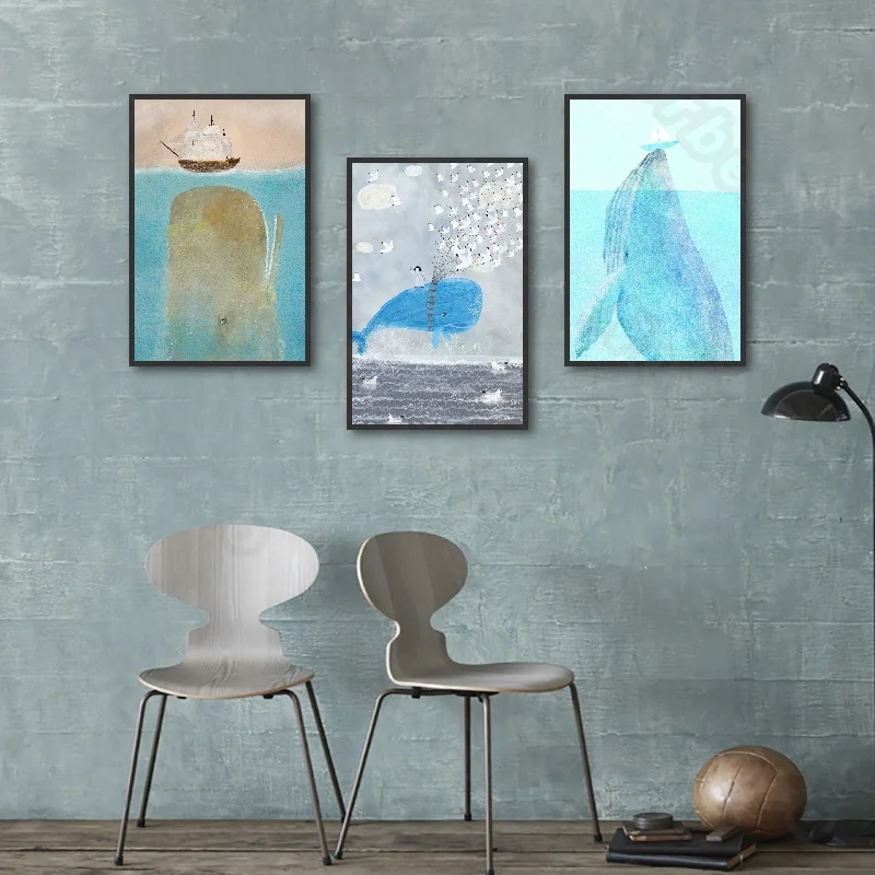 

Hand-Painted Pictures Canvas Painting Poster Undersea Animals Shark Whales Dolphins Jellyfish for Home Rooms Decoration