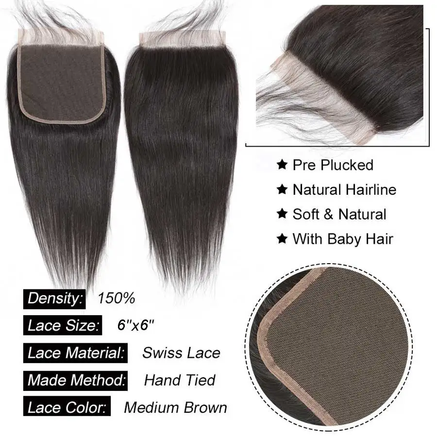 Волосы мастер 6x6 закрытие бразильские прямые волосы Кружева Закрытие Remy