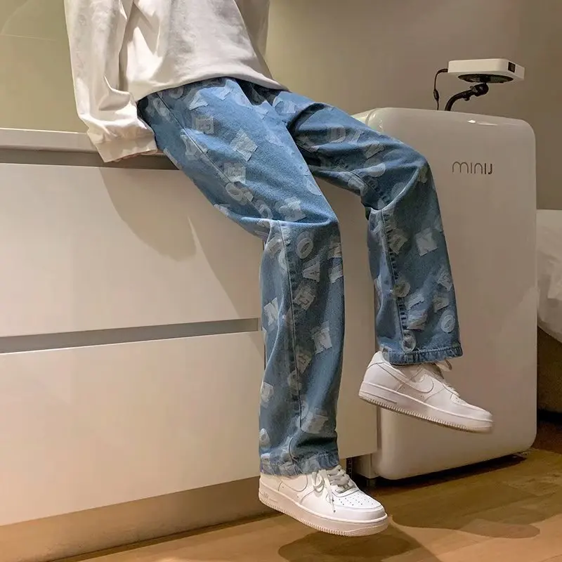 2021 Streetwear Abstract Funny Jeans Patchwork Printed Hip Hop Wide Leg Pants Men High Street hiphop | Мужская одежда