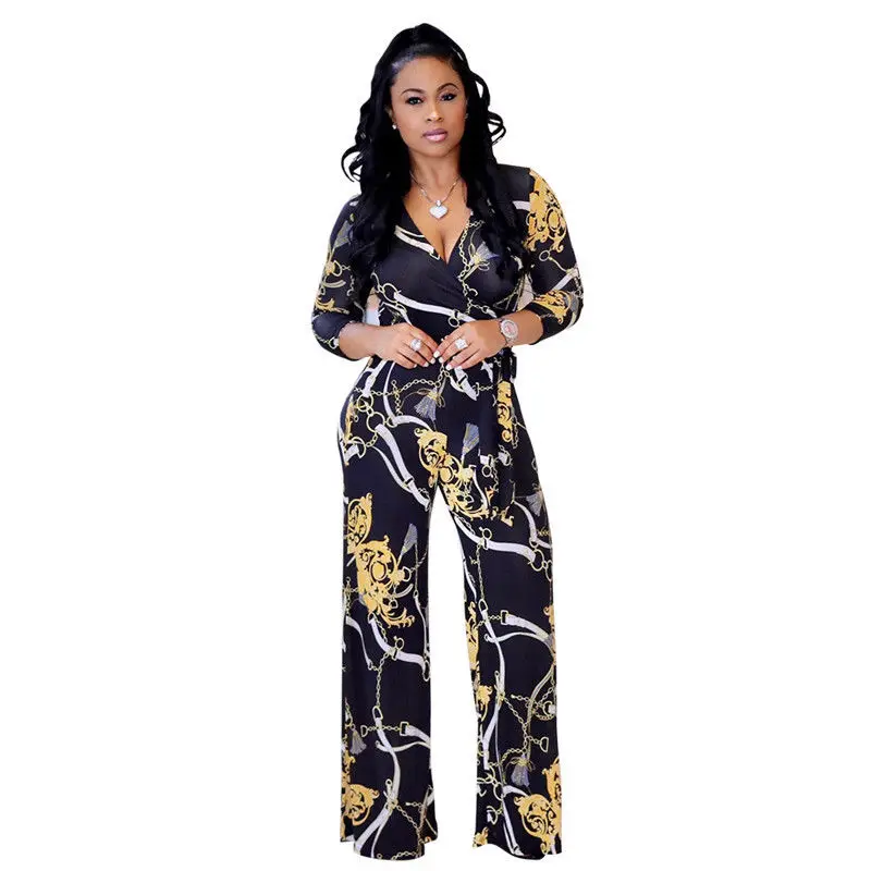 

Imcute V-neck Chain Print Half Sleeve OL Women Jumpsuit Rompers High Waist Lace-up Jumpsuit Wide Leg Pants Business One-pieces