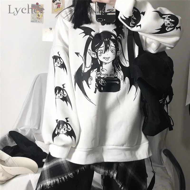 Lychee Harajuku повседневные свободные женские флисовые пуловеры темный дьявол