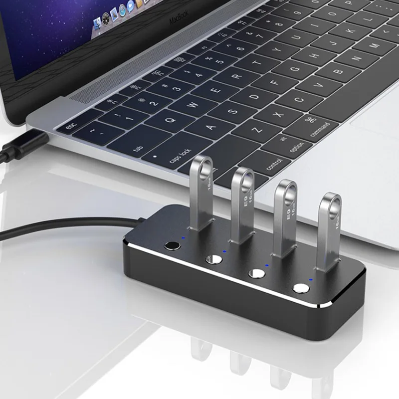 

LED Indicators Home Aluminum Alloy 4-Port Power Supply Extender Portable Switches PC USB Hub Laptop Notebook High Speed Splitter