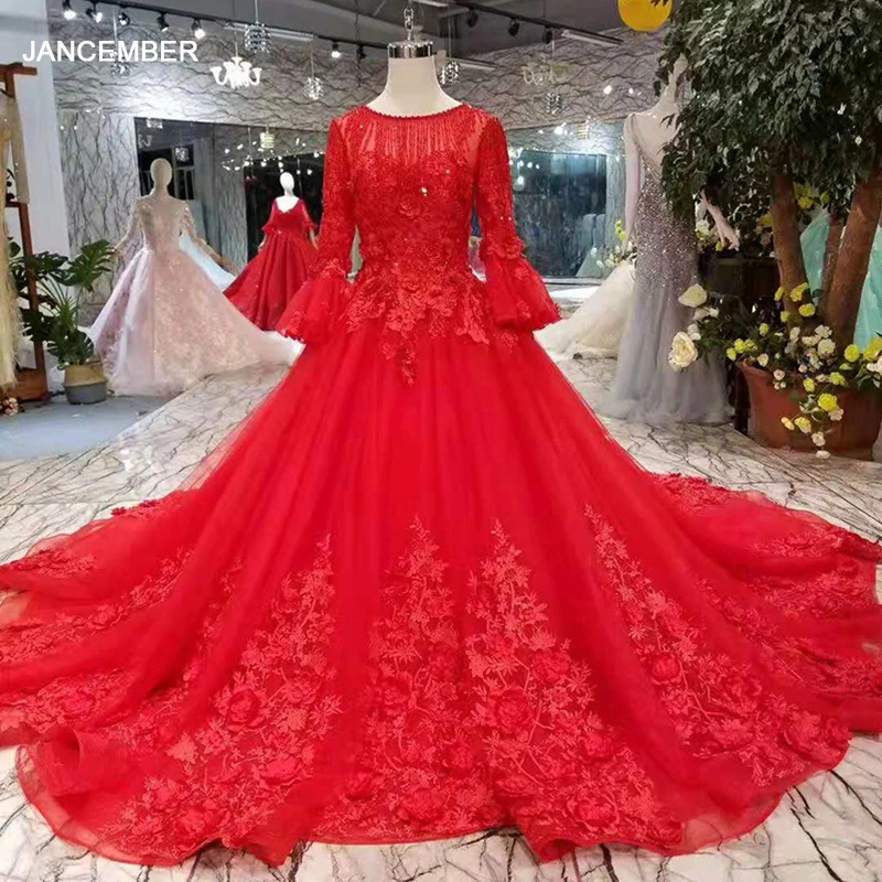 Красное свадебное платье с цветами розы LSS200 круглым вырезом и длинным рукавом