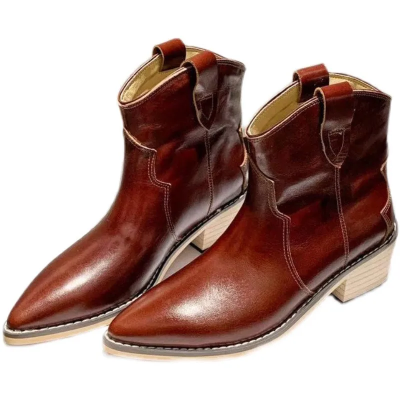 

New Genuine Leather Western Cowboy Boots Women's Winter Platform Luxury Short Boots Ladies British Style Chelsea Boots Female