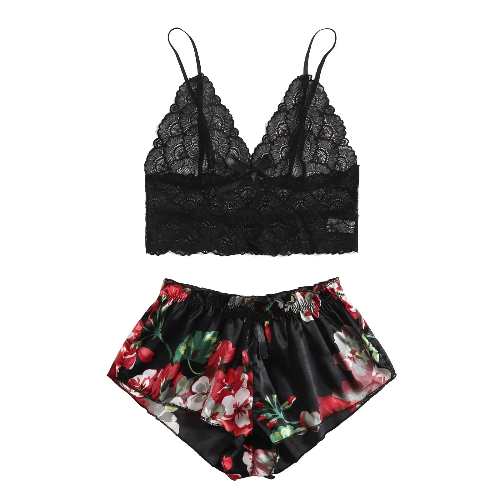 

Sexy Women Pajamas Sets Lace Trim Satin Sleeveless Cami Tops Ladies Homewear Fashion Flower Printed Shorts Pajamas Set Пижамы