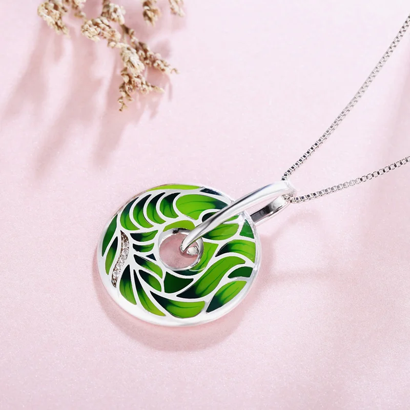 Ожерелье из серебра 100% пробы с круглым эмалированным зеленым листом кулон для