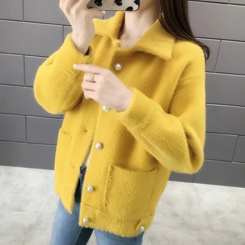 

2021 Ladies Autumn Winter Mink Fleece Knitted Cardigan Temperament Commute Jacket Square Collar Korean Loose Sweater Long Sleeve