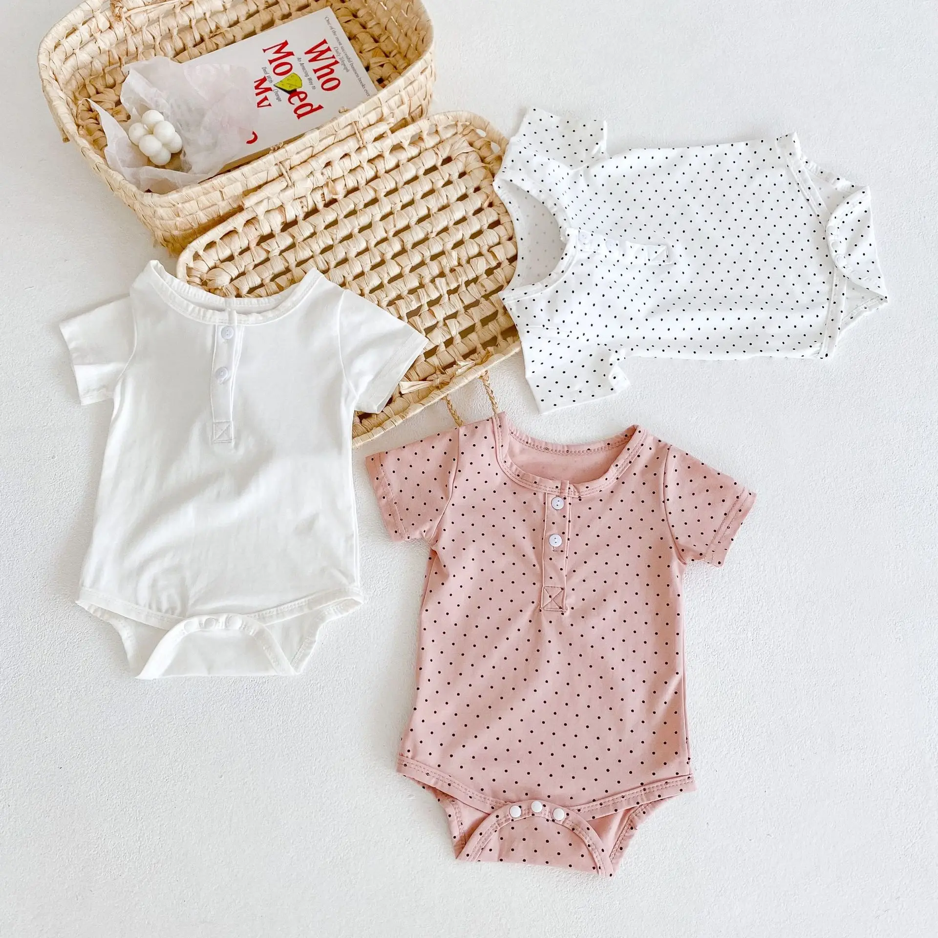 

2022 summer Newborn Kid Baby Girl Clothes Baby round neck short sleeve round dot base romper jumpsuit