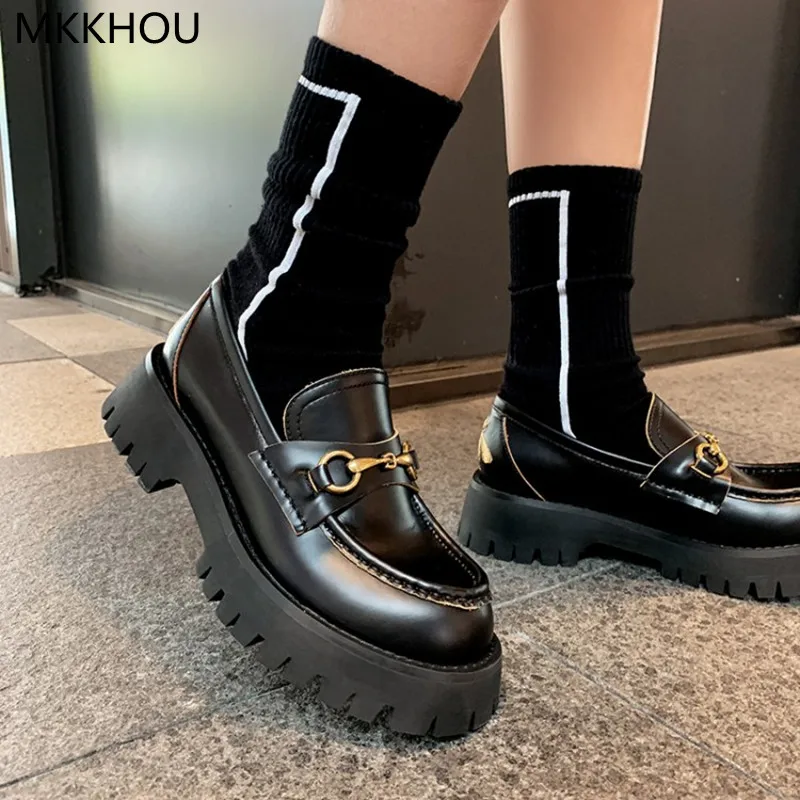 

MKKHOU Fashion Single Shoes Women New High-Quality Genuine Leather Metal Buckle Bee Platform Shoes Loafers Casual All-Match