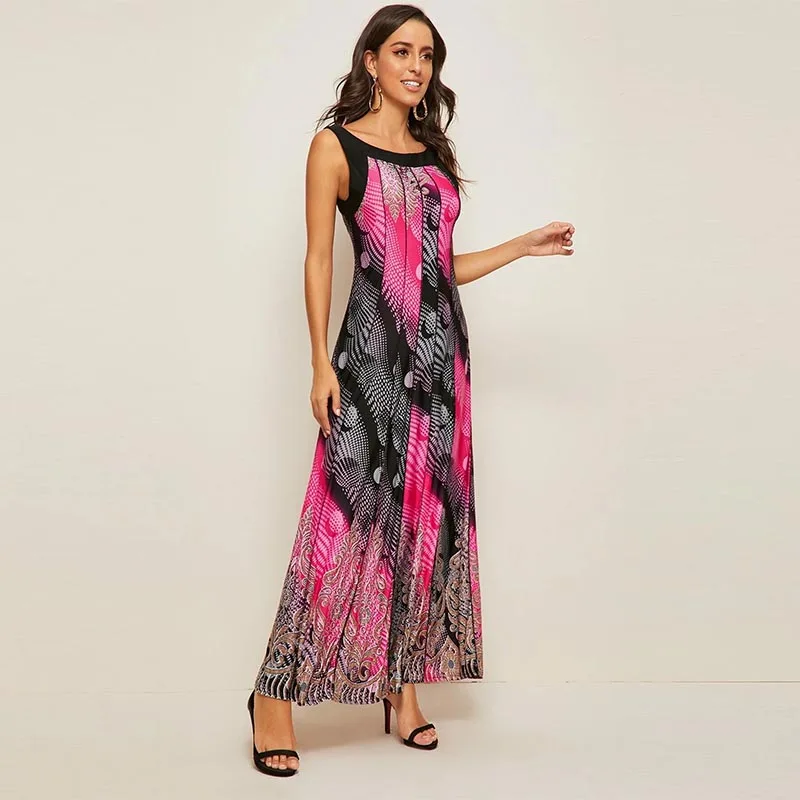 2020 Новая модная летняя пляжная юбка с круглым вырезом без рукавов принтом