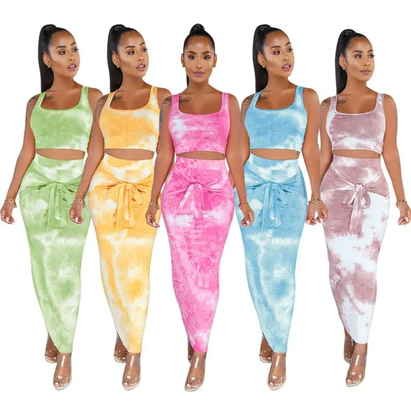 

Sexy Women Sets Tie-Dye Two Piece Set Suspenders Vest Crop Top and Long Skirt Bandage Bow 2 Piece Suit Ladies Party Club Suit