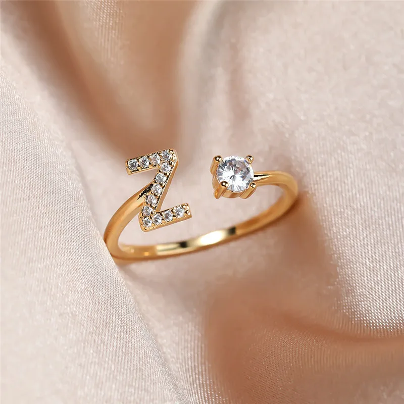 

Dainty Female Letter Z Zircon Jewelry Cute Gold Color Wedding Rings For Women Luxury White Round Crystal Engagement Open Ring