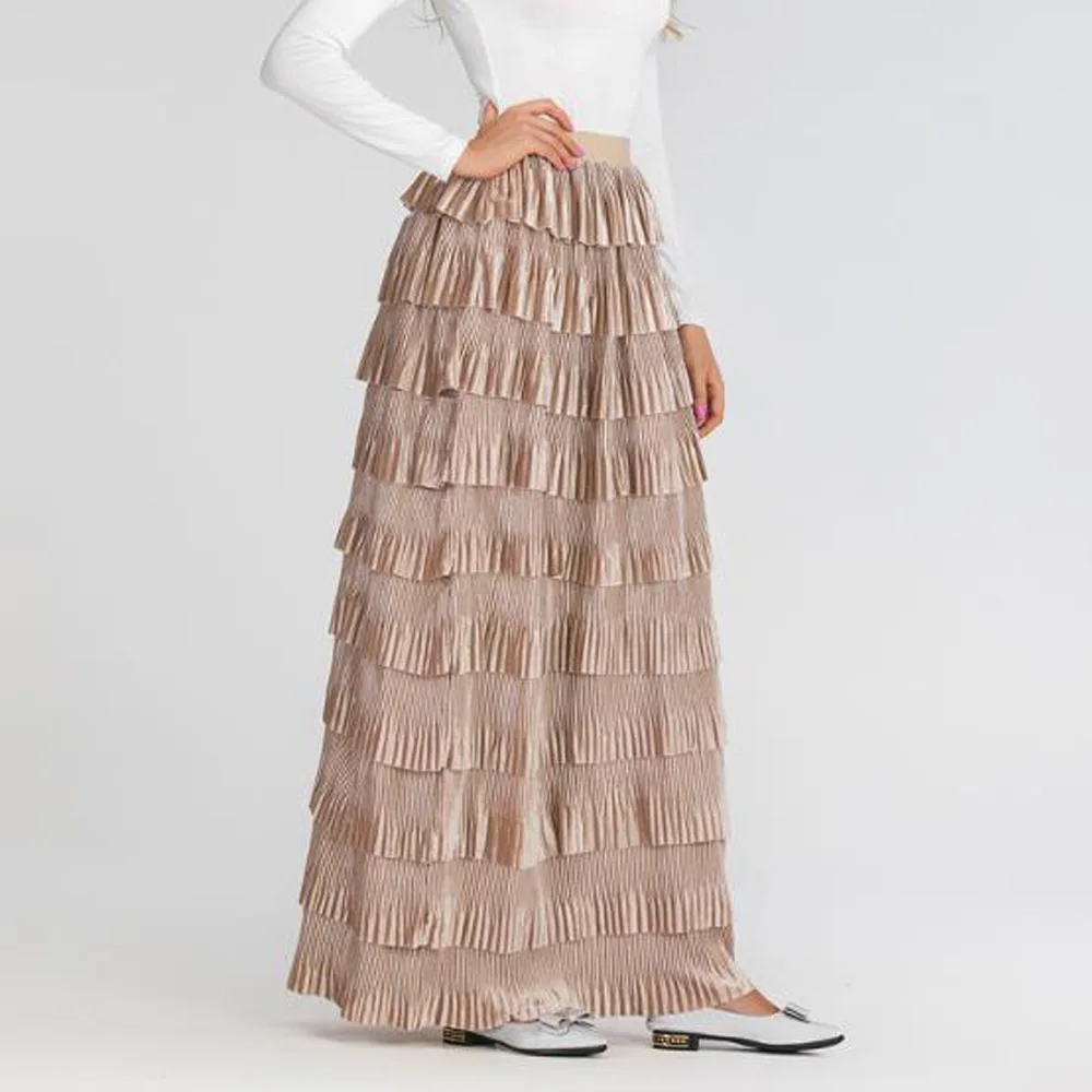 

Black Long Ruffle Skirt Women High Waist Floor Length Layers Tired Pleated Skirt Islamic Clothing Autumn Winter Casual Skirt