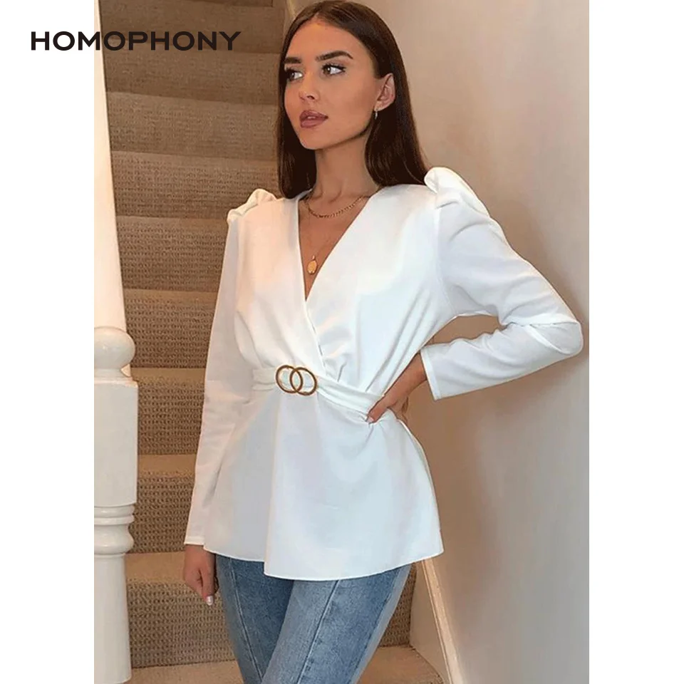 

HOMOPHONY Women Blouse Long Sleeve Office Ladies Sexy Deep V Neck Women Spring Minimalist Elegant Blouses Solid Plus Size Shirts
