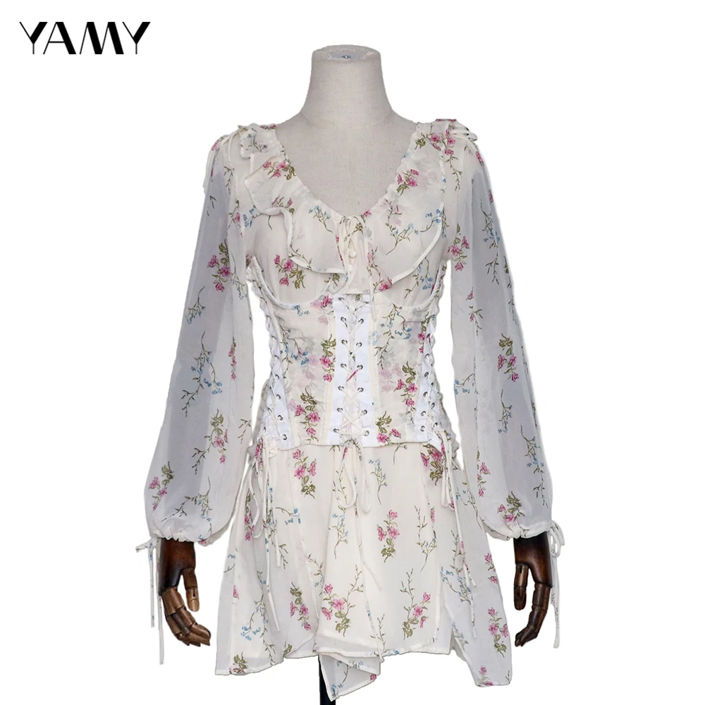 Весеннее платье с длинными рукавами цветочным рисунком V образным вырезом