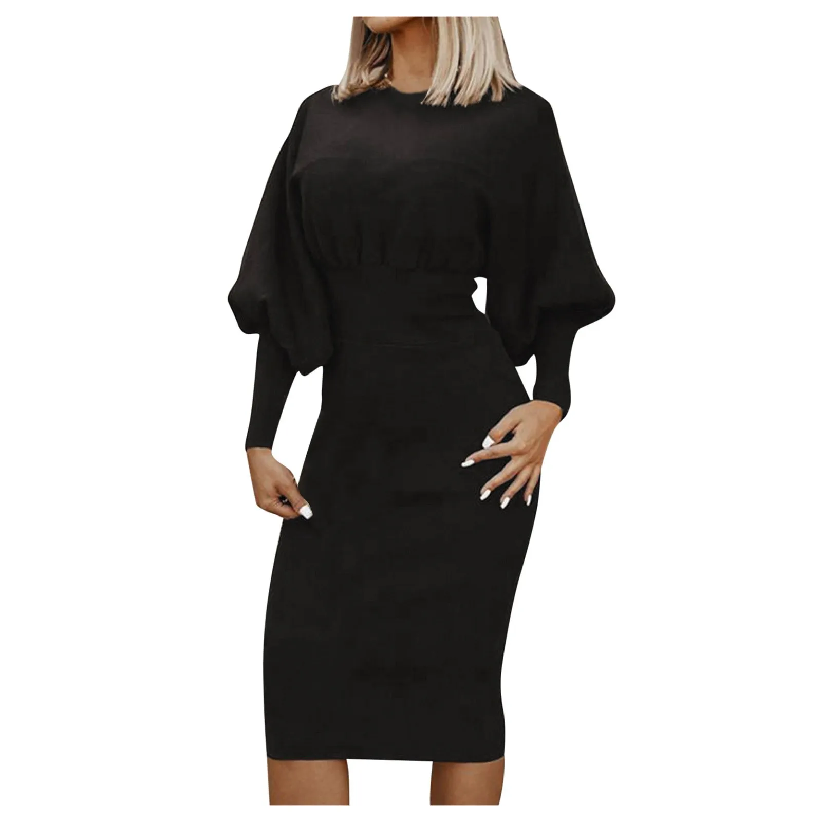 

40# Women's Soild Long-sleeved Dress Cotton For Winter Warm Dress Plus Size Lantern-sleeved Waist Slim-fit Pullover Dress Femme