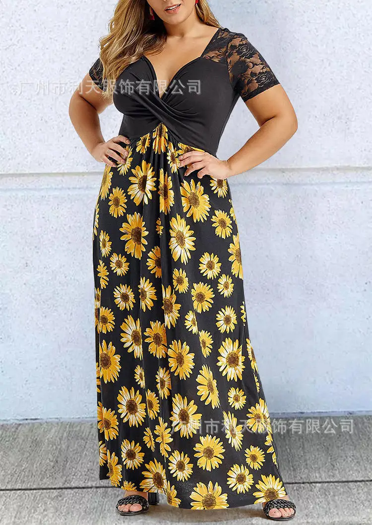 

The new spring and summer 2021 foreign trade large size dress lace stitching print dress dress