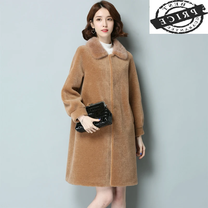 

Winter Natural Autumn Wool Jacket Women Sheep Sheared Coat Female Parka Real Mink Fur Collar Elegant Warm Clothes LWL1362