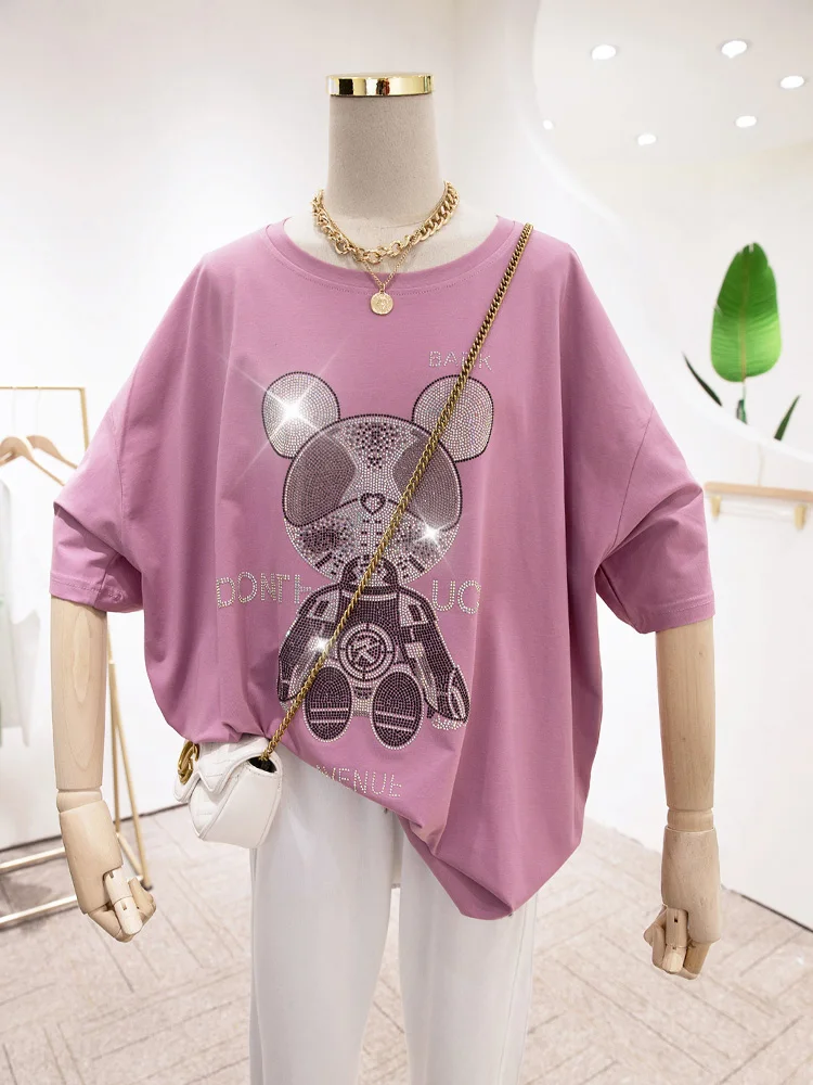 

Новинка лета 2021, модный Свободный пуловер Стразы с круглым вырезом, женская футболка с коротким рукавом, женские футболки, топы