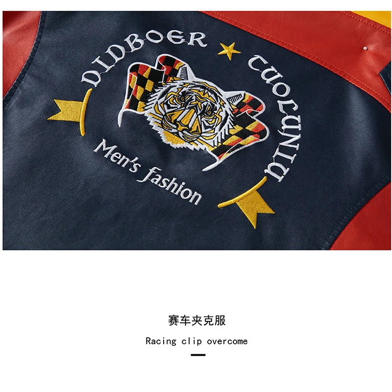 

Exclusive Design Mens Faux Leather Jacket Motorcycle Biker Fleece PU Jackets Male Embroidery Casual Outwear Coat T22