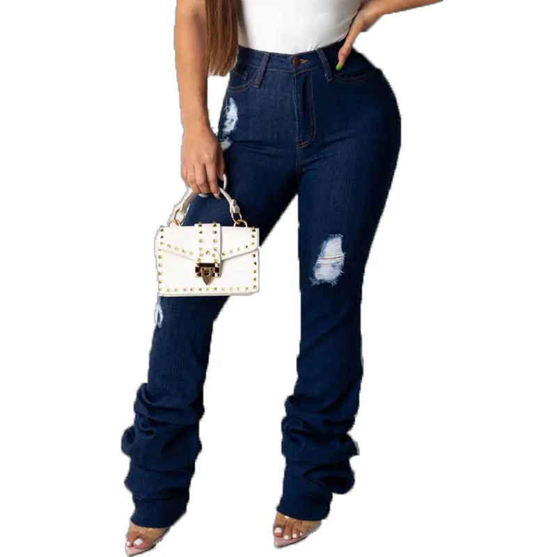 

Women Bell Bottom Pants Y2k Fashion Slim Push Up Ripped Hole Stacked Jeans Female Casual Skinny Mid Waist Blue Distressed Jeans