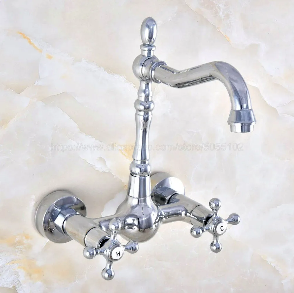 Polished Chrome Wall Mounted Swivel Spout Bathroom Sink Faucet Double Handle Mixer Tap znf578 | Обустройство дома