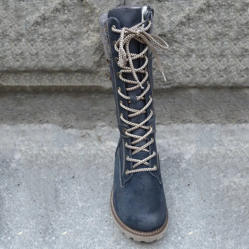 Puimentiua Winter Shoes Women Boots Basic Mid-Calf Boots Round Toe Zip Platform Decor Female Shoes Warm Lace Up Boots Shoes