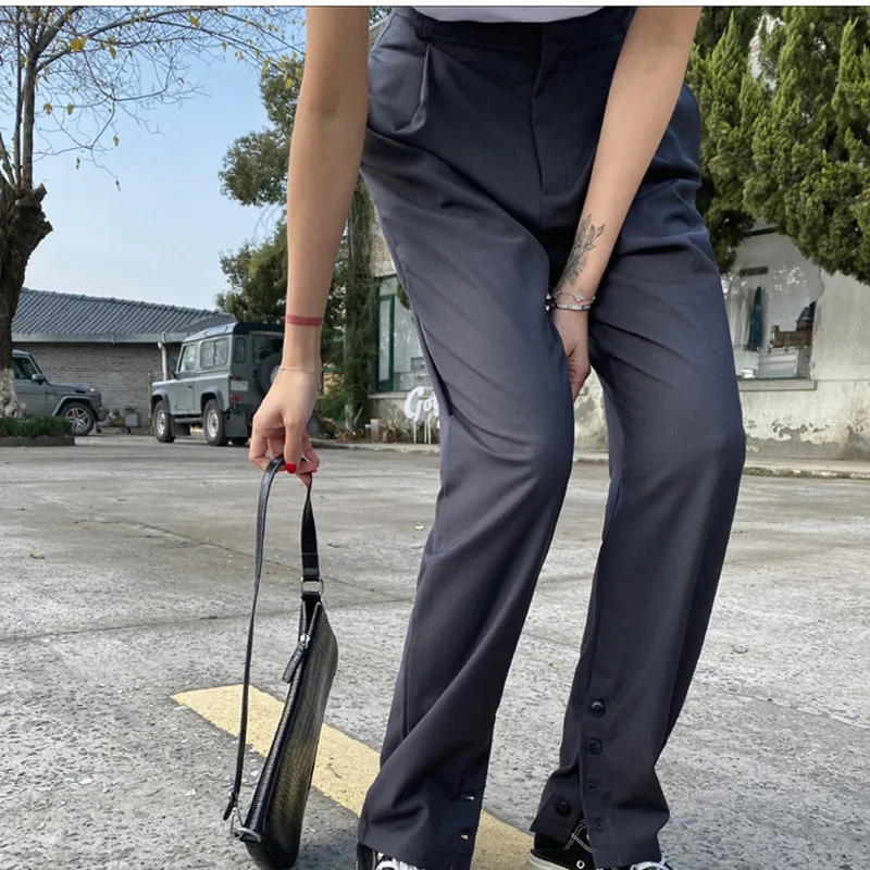 

HziriP 2020 New OL Solid High Waist Suit Pants WomenZipper Pocket Loose Long Straight Wide Leg Pants Fashion Trousers Female