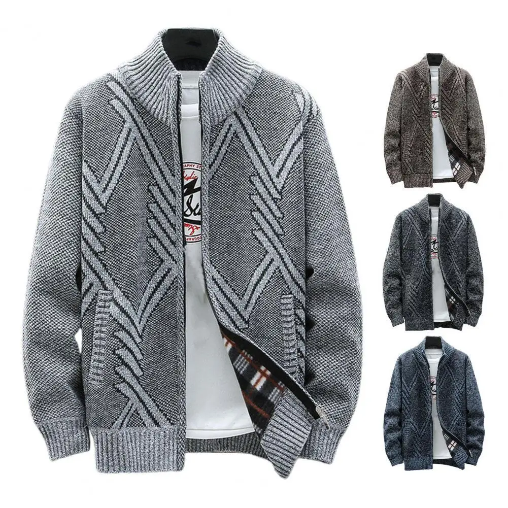 

Knitted Long Sleeve Men Cardigan Knitted Jacket Outdoor Warm Sweater Coat Geometric Pattern Stand Collar Sweater Coat Outerwear