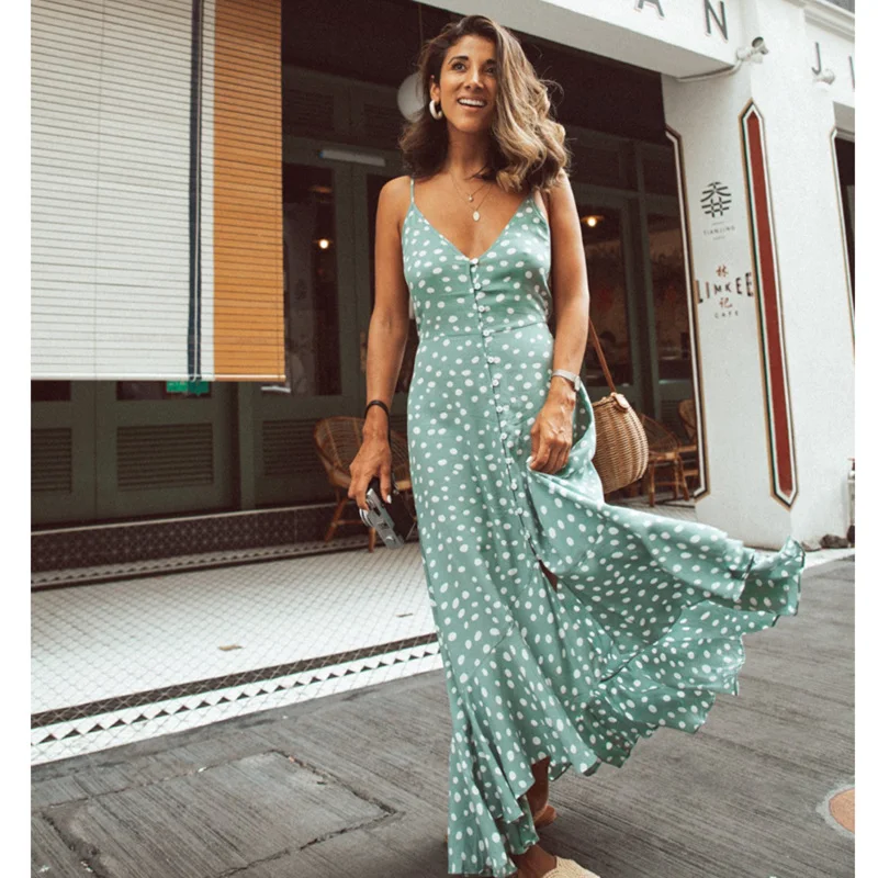 

Женское платье макси в горошек, Пляжное Платье в стиле бохо с оборками и пуговицами, привлекательное длинное платье на бретелях-спагетти с V-...