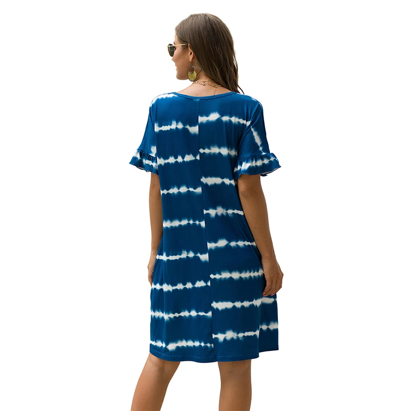 CINESSD V Neck Pocket Wavy Stripes Tie Dye Casual Dress Ruffles Short Sleeves Pullover A Line Soft Elastic Women Print Dresses | Женская