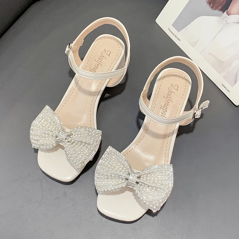 

Sandals women 2021 new style summer rhinestone fashion bow summer mid-heel lady thick heel high heels
