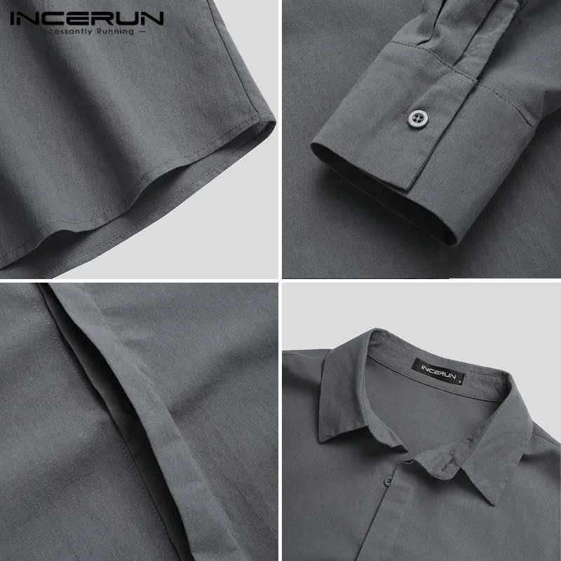 

INCERUN Men Casual Shirt Solid Color Turn Down Collar Long Sleeve Cotton Brand Shirts Vintage Streeetwear Spring Camisas 2021