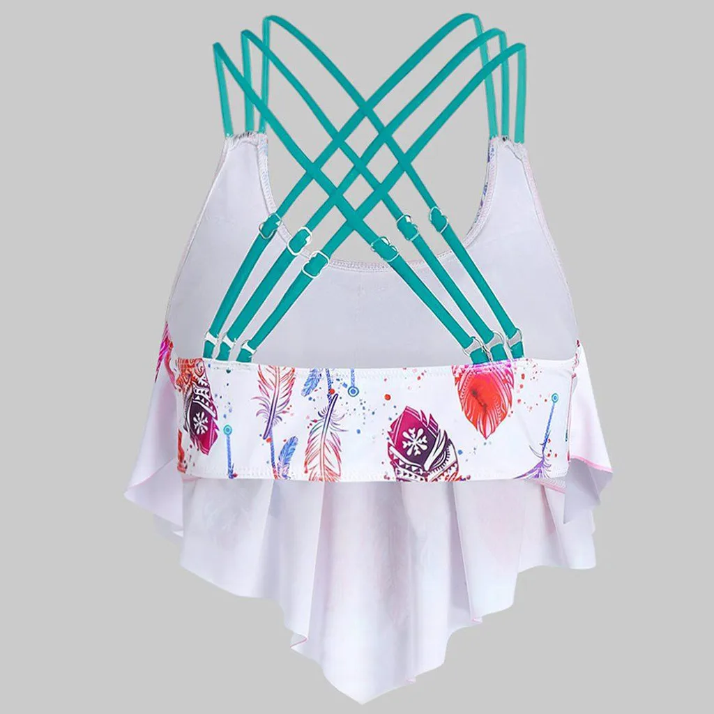 1pcs Top Women Bikini Overlay Flounce Crisscross Tankini Swimsuit Feather Print Strappy Padded Swim Bandage cross SwimWear |