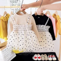 autumn baby girl long sleeve stitching dots printing mesh dress skirt cotton casual dress outfits girl two piece dress