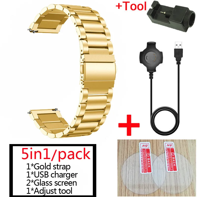 5в1 для Xiaomi Amazfit Pace металлический ремешок из нержавеющей стали+ USB зарядный кабель+ Amazfit pace стеклянная защита экрана - Цвет: Золотой