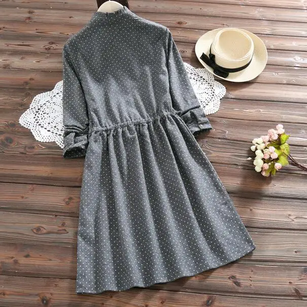 2019 Демисезонный в стиле Mori Girl женские платье со стоячим воротником горошек Vestidos