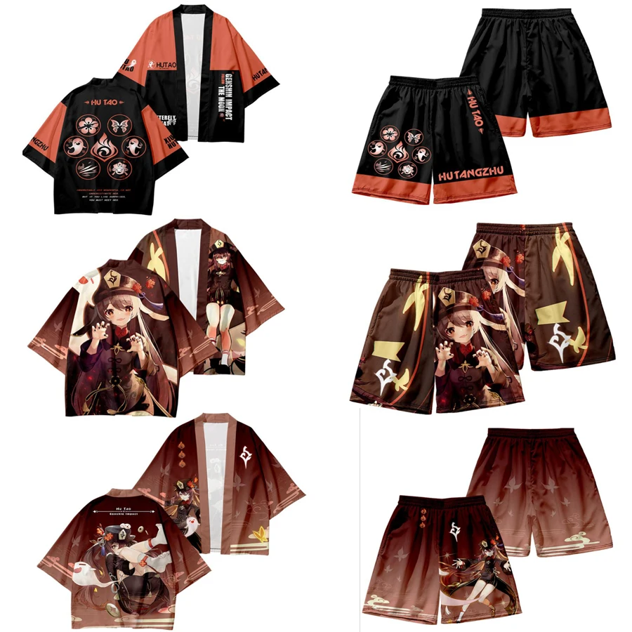 

Anime Genshin Impact Hu Tao Cosplay Costume Haori Japanese Kimono Cardigan Shirt Plus Size Jackets Halloween Party for Men Women