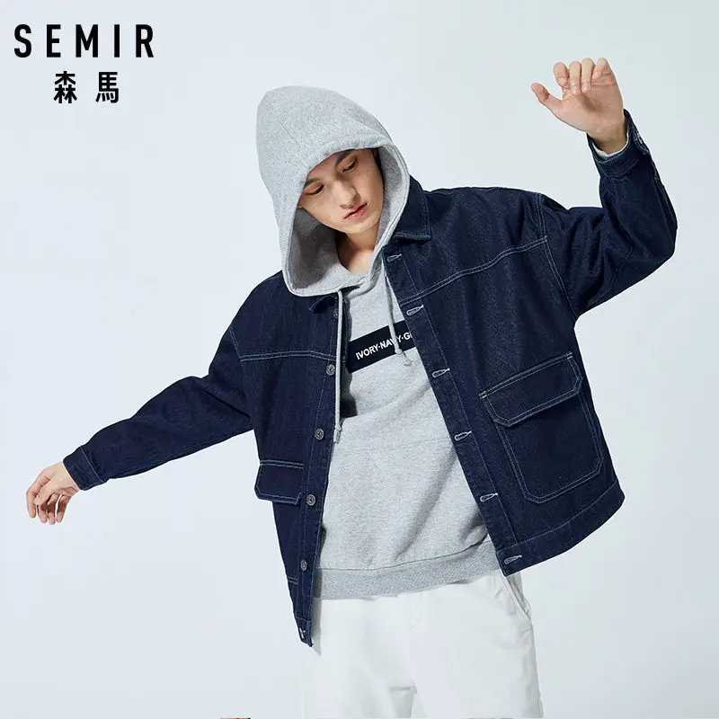 Мужская джинсовая куртка SEMIR потертая из 100% хлопка с открытыми плечами и передним