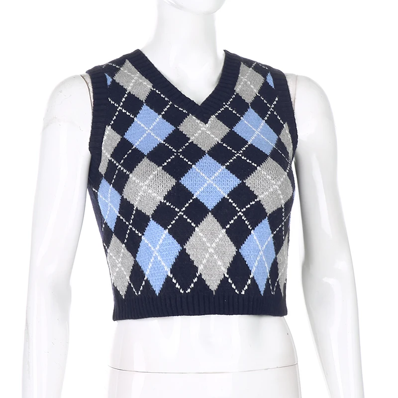 

Women V Neck Vintage Argyle Sweater Vest Women Black Sleeveless Plaid Knitted Crop Sweaters Casual Autumn Preppy Style Tops
