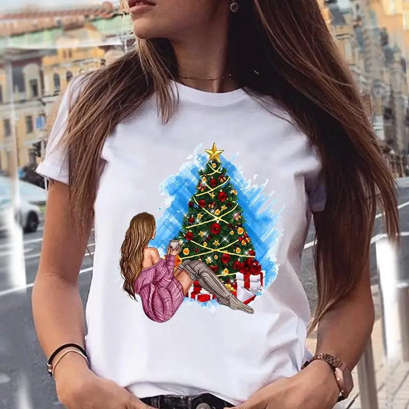 

Women 90s Tshirts Merry Christmas Happy New Year Cartoon Clothing Print Female Graphic Fashion T Top Female Shirt Tee T-Shirt