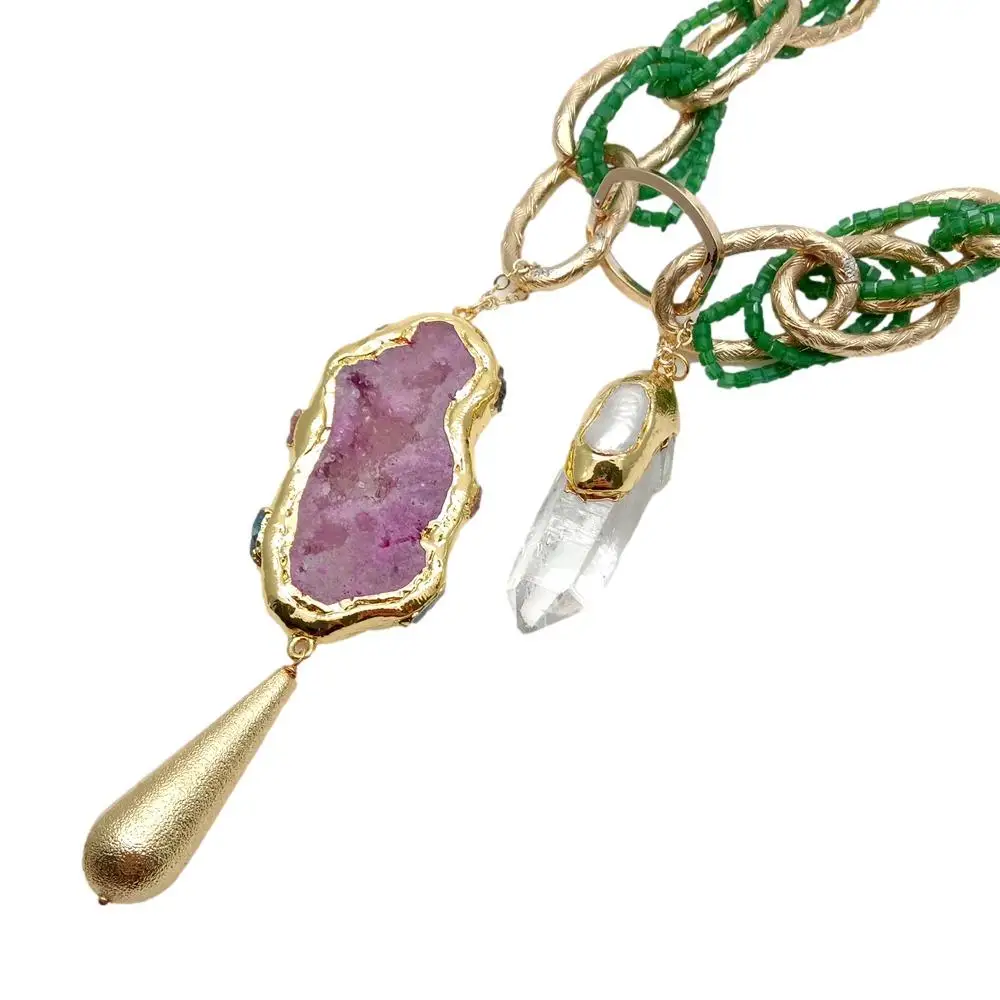 

Y·YING Green Crystal Loop Chain Necklace Fuchsia Agate Slice White Quartz Biwa Pearl Point Pendant 24"